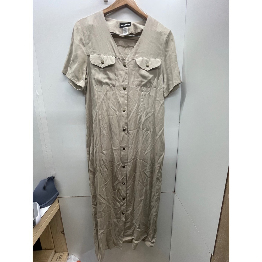 Halston Heritage VTG Iman Tan Tencel Rayon Button Front Midi Shirt Dress Sz 12